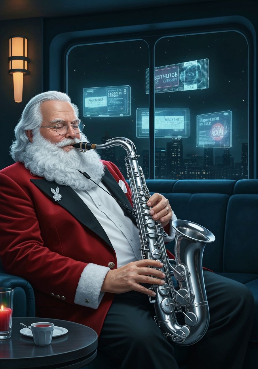 Santa Claus Plays Saxophone in Retro-Futuristic Lounge
