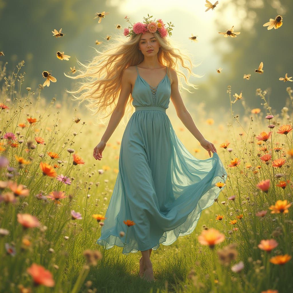 Woman in Meadow with Art Nouveau Style