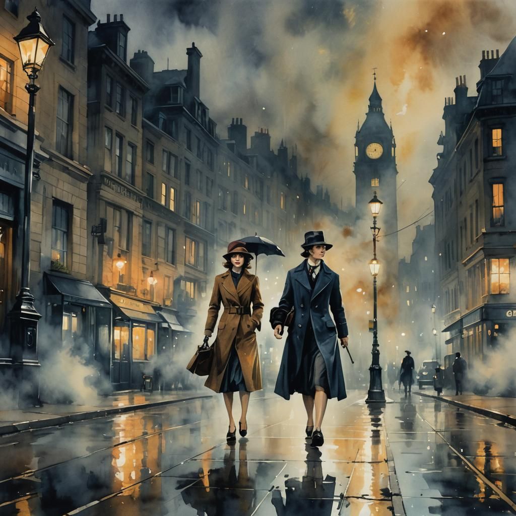Film Noir Detective in 1920s London as Watercolor