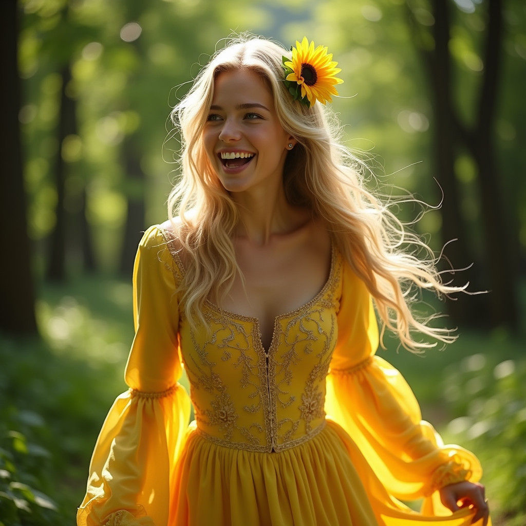 Woman Dancing in Sunlit Forest in Renaissance Style