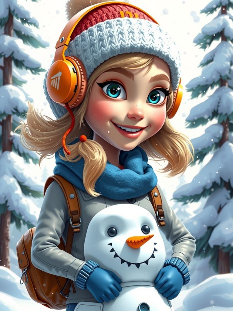 A cheerful cartoon girl in cozy orange headphones and an orange beanie. She has a friendly smile, pink cheeks and is wea...