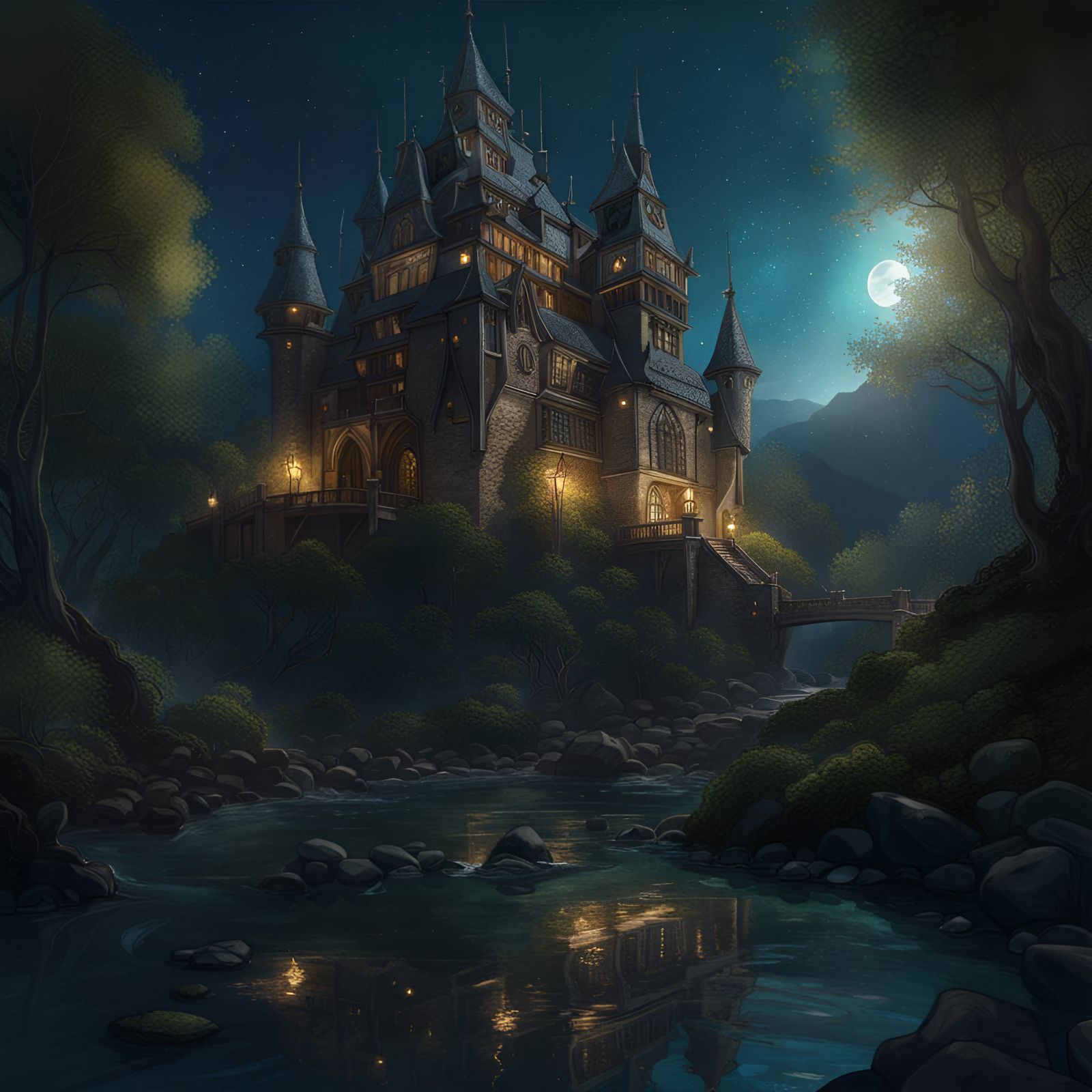 Elvish Castle at Night: Art Nouveau Splash Art