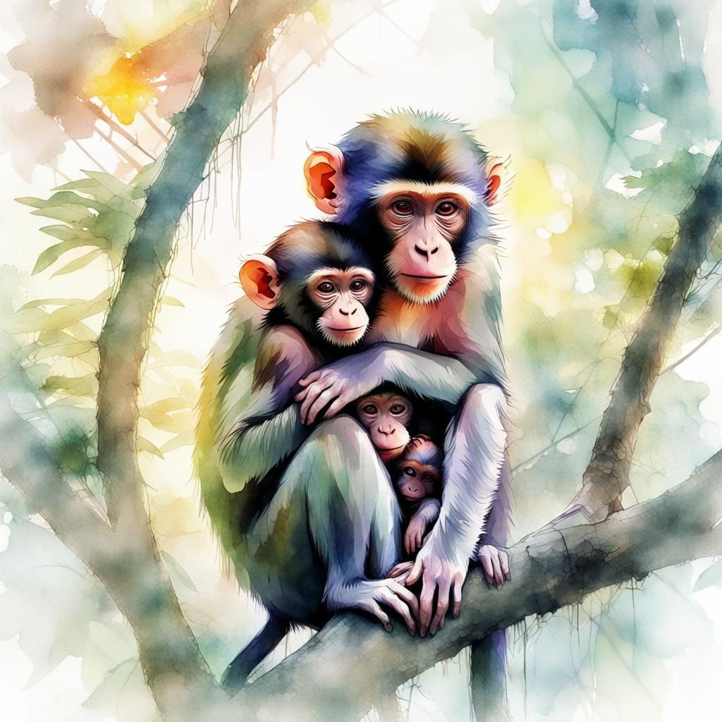 Affectionate Monkey Family in Jungle Watercolor