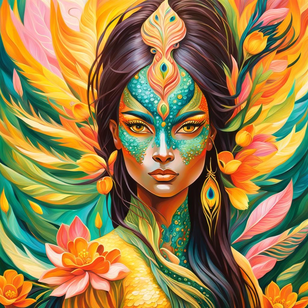 Dragon Peacock Woman Portrait in Abstract Expressionism