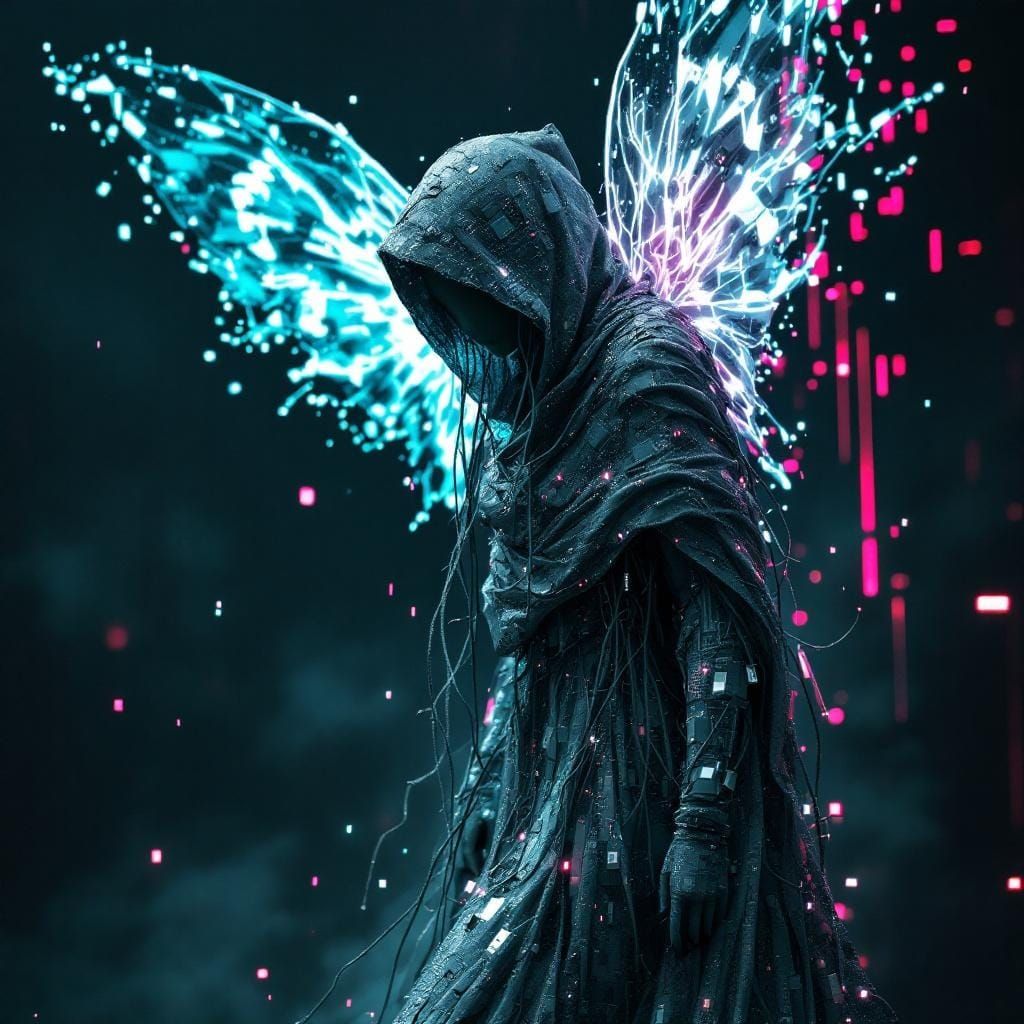 Data Fairy in Digital Void with Fractured Code Wings
