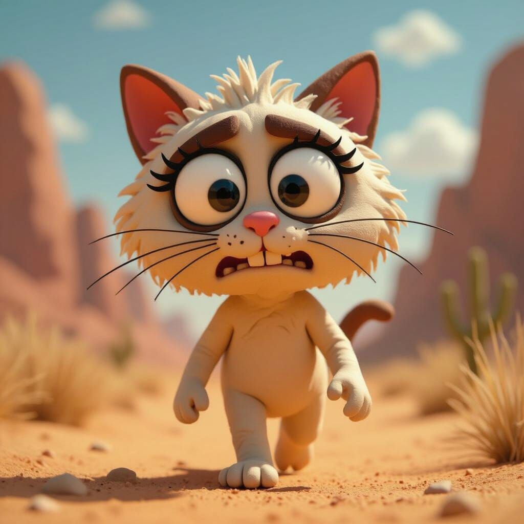 Quirky Claymation Cat with Bulging Eyes in Desert