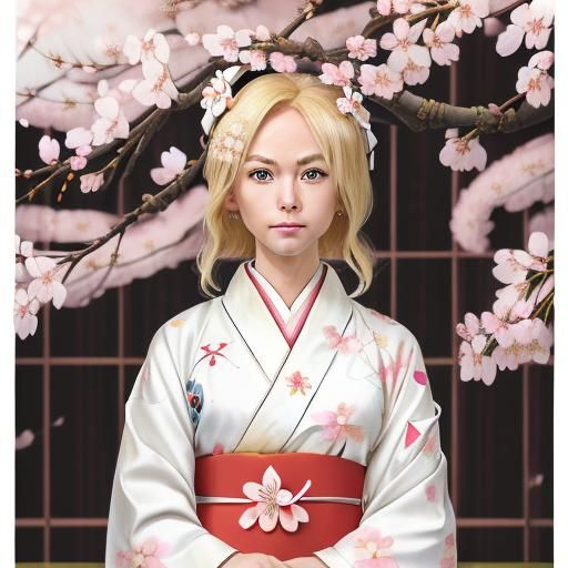 Blonde Android in Kimono with Cherry Blossoms