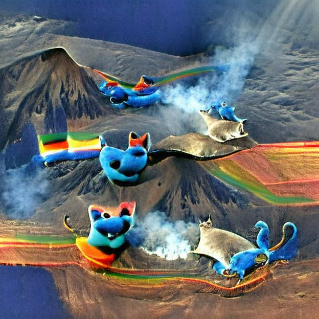 Blue Cats Fly Over Rainbow Volcano