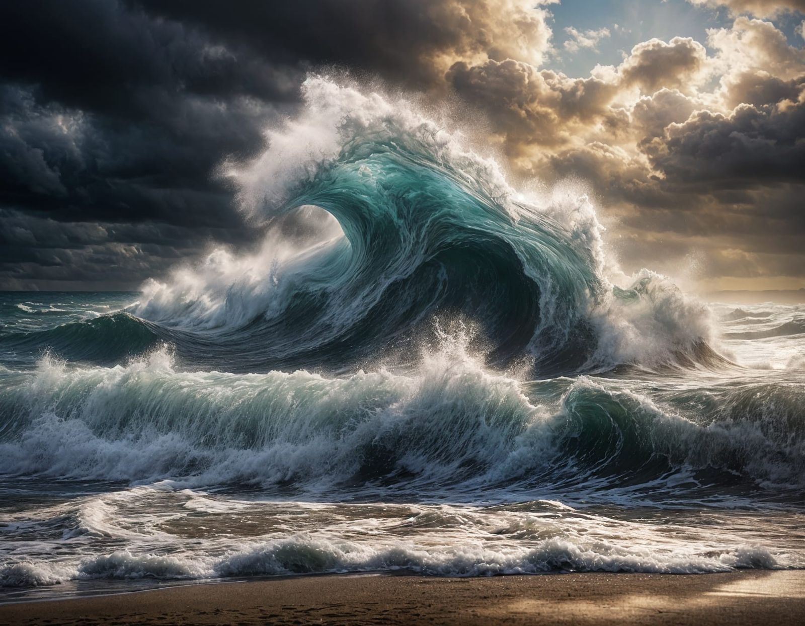 Hyperrealistic Stormy Beach with Crashing Waves