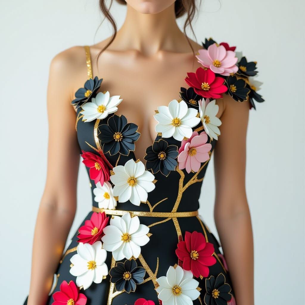 Kintsugi Woman in Floral Dress With Golden Accents