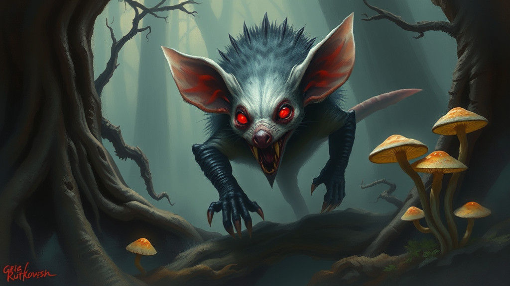 Otherworldly Alien-Opossum in Dark Fantasy Forest