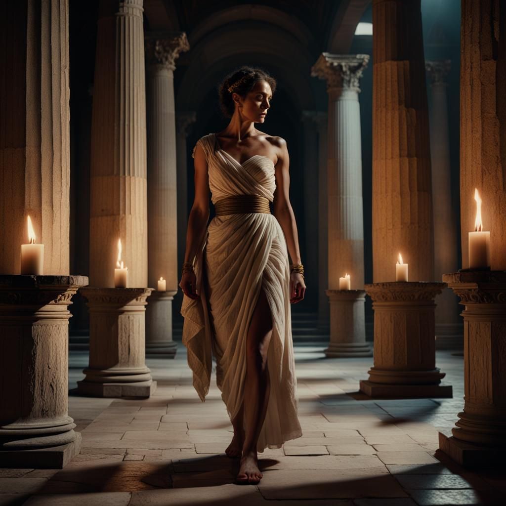 Dramatic Greco-Roman Woman in Candlelit Hall