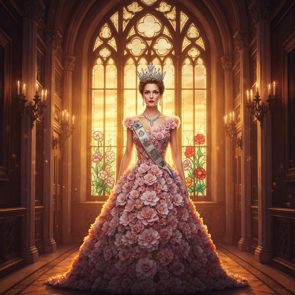 Queen in Flower Dress at Sunset in Grand Hall