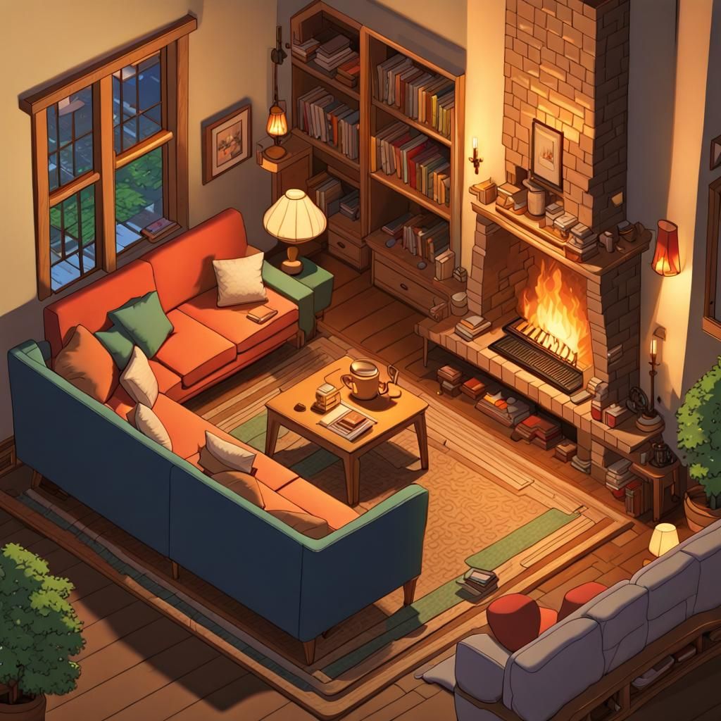 Cozy Isometric Living Room in Ghibli Style