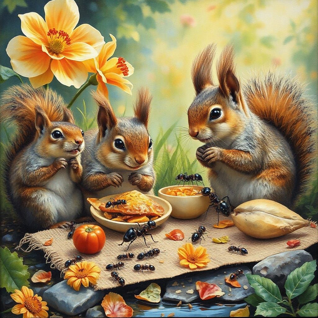 Squirrel Family Picnic in Gouache and Watercolor Style