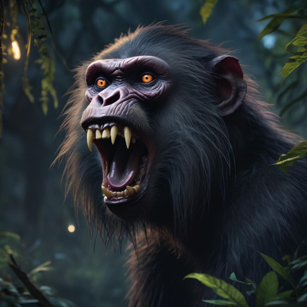 Eerie Jungle: Vampire Baboon Portrait in Dark Fantasy