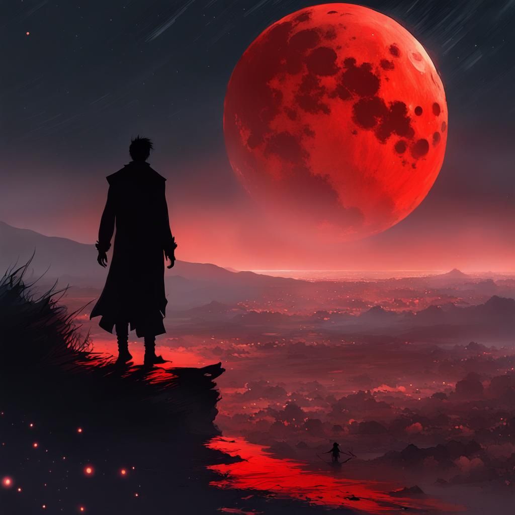 Lonely Figure Silhouetted Under Red Moon in Digital Art