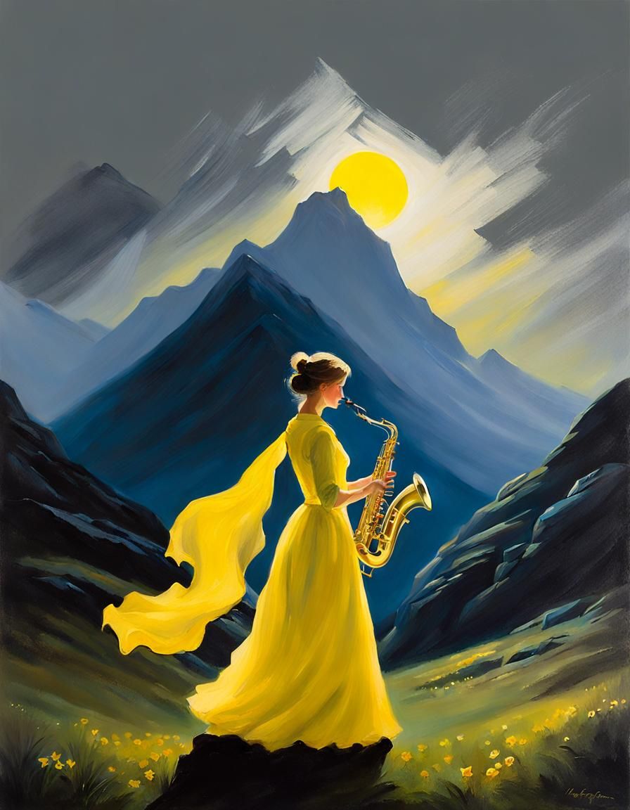 Saxophone Player in Misty Glen Coe: Gouache Style