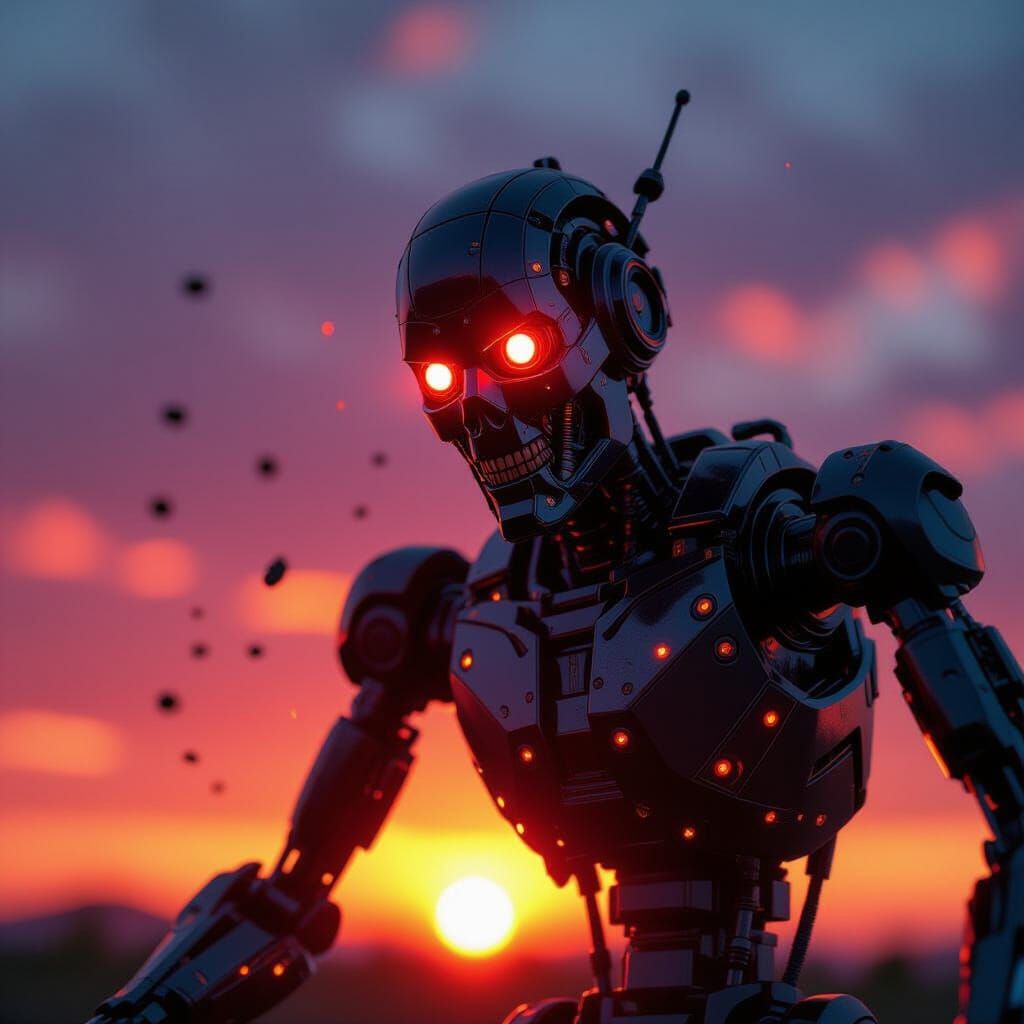 Crazed Robot Silhouette Against Vibrant Sunset Sky