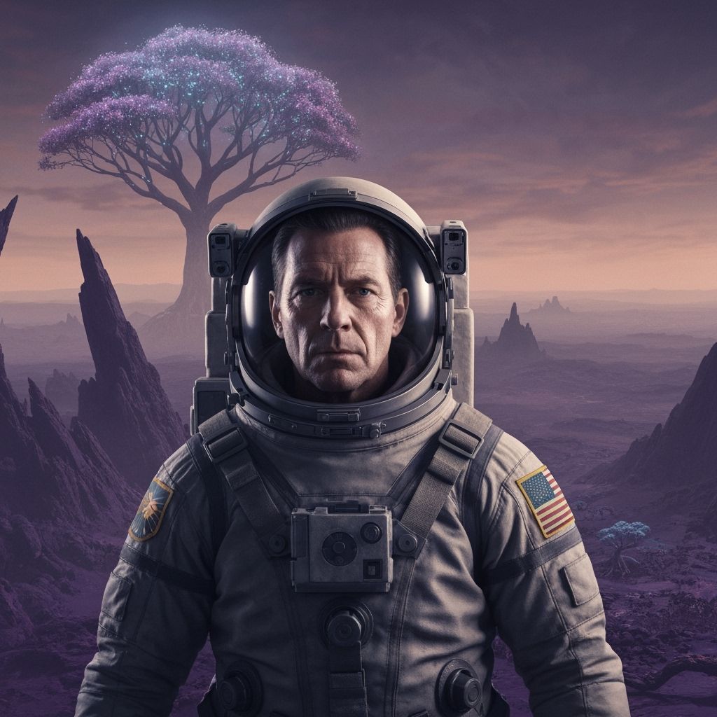 Astronaut and Bioluminescent Tree in Alien Landscape