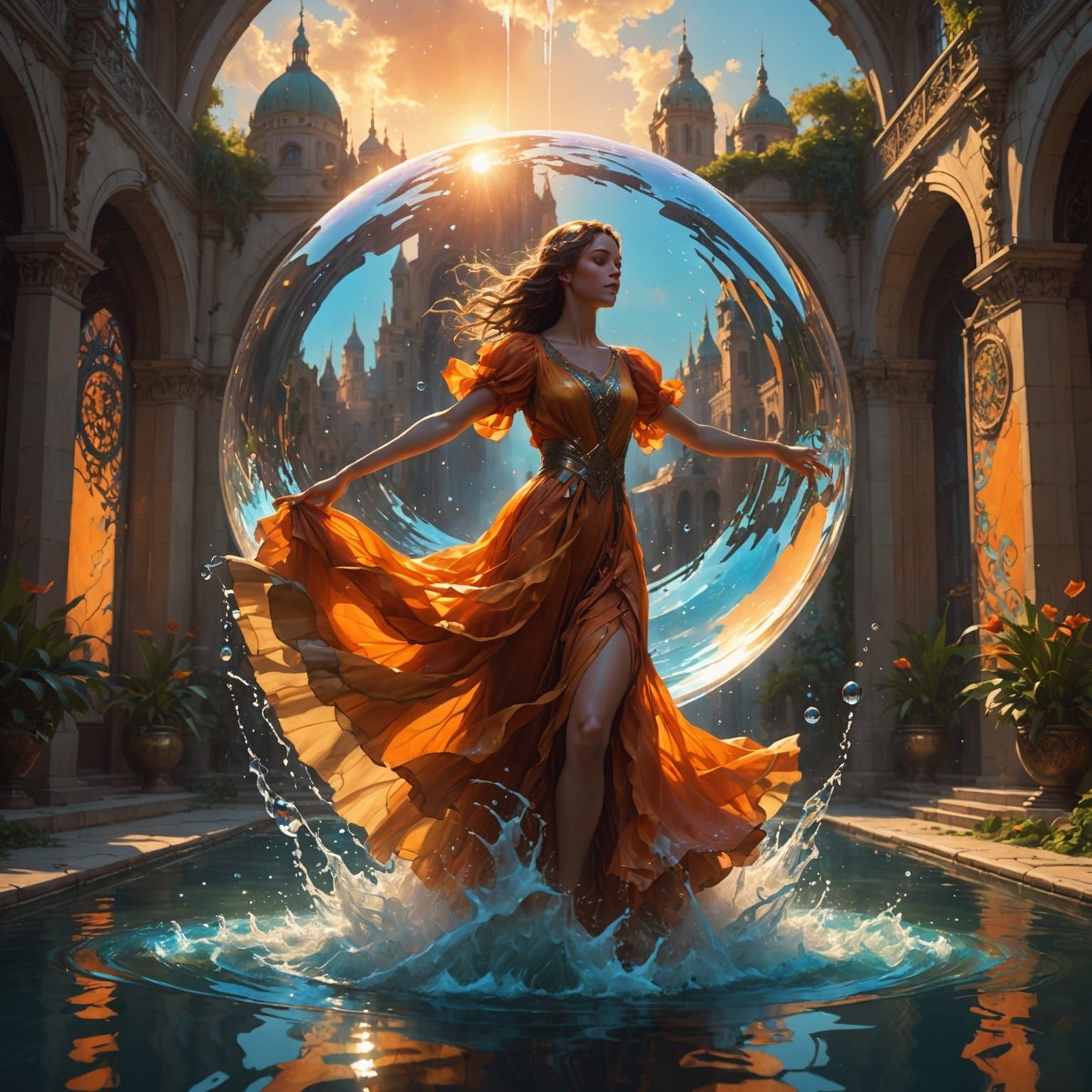 Surreal Sunrise Water Drop Containing a Dancing Water Girl i...