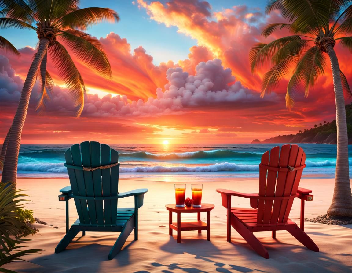 Dreamy Tropical Beach Sunset with Adirondack Chairs