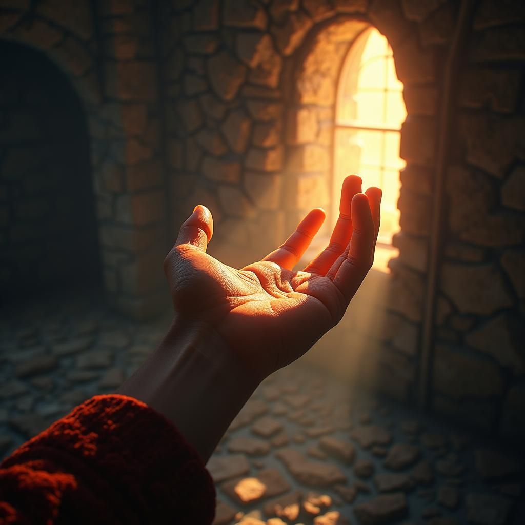 Hand Reaching for Light in Darkroom, Fantasy Art