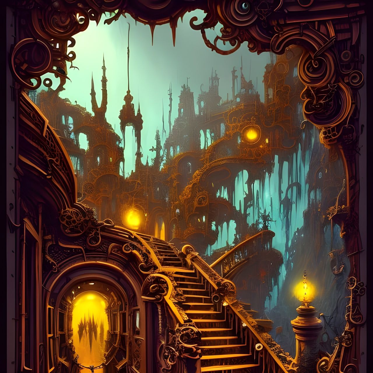 Intricate Stairwell to Fantasy Underworld in 3D