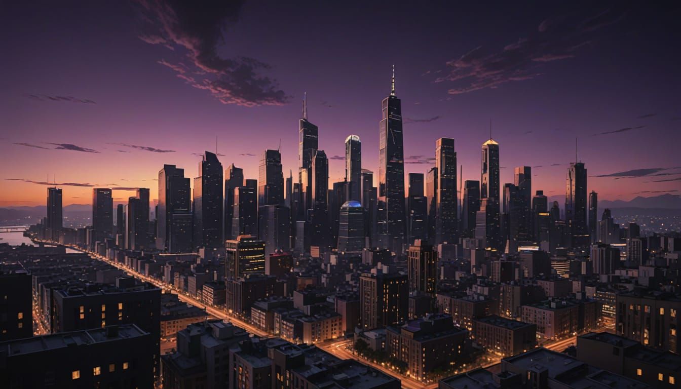 Vibrant Cityscape at Sunset in Digital Comic Art Style