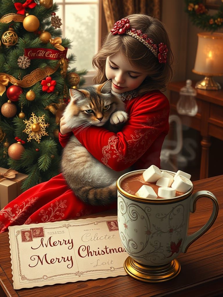 Girl and Cat Christmas Postcard in Victorian Style