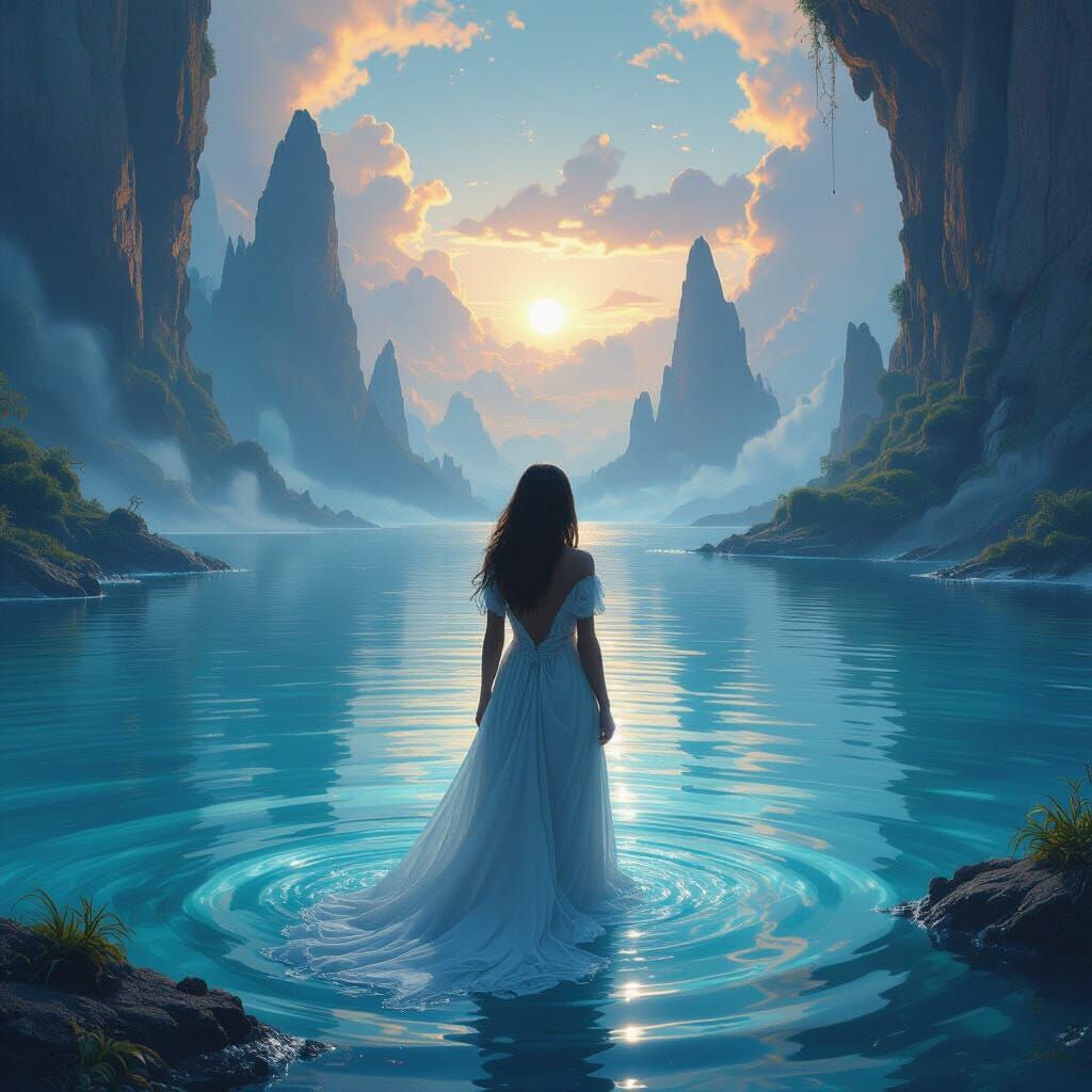 Woman Embracing Freedom in Mystical Water World