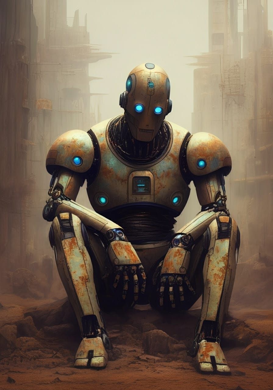 Lonely Robot in Desolate Cityscape