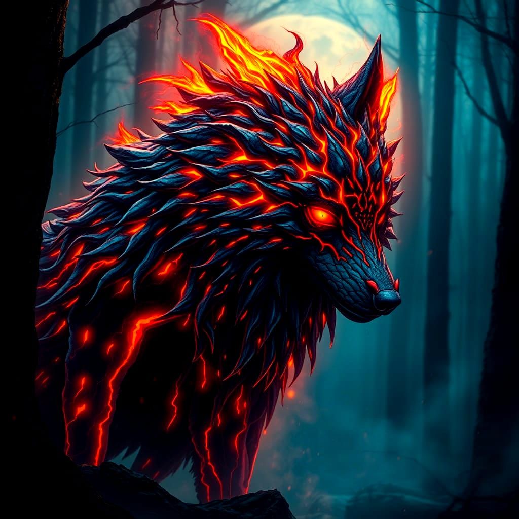 Lava Wolf with Glowing Cracks