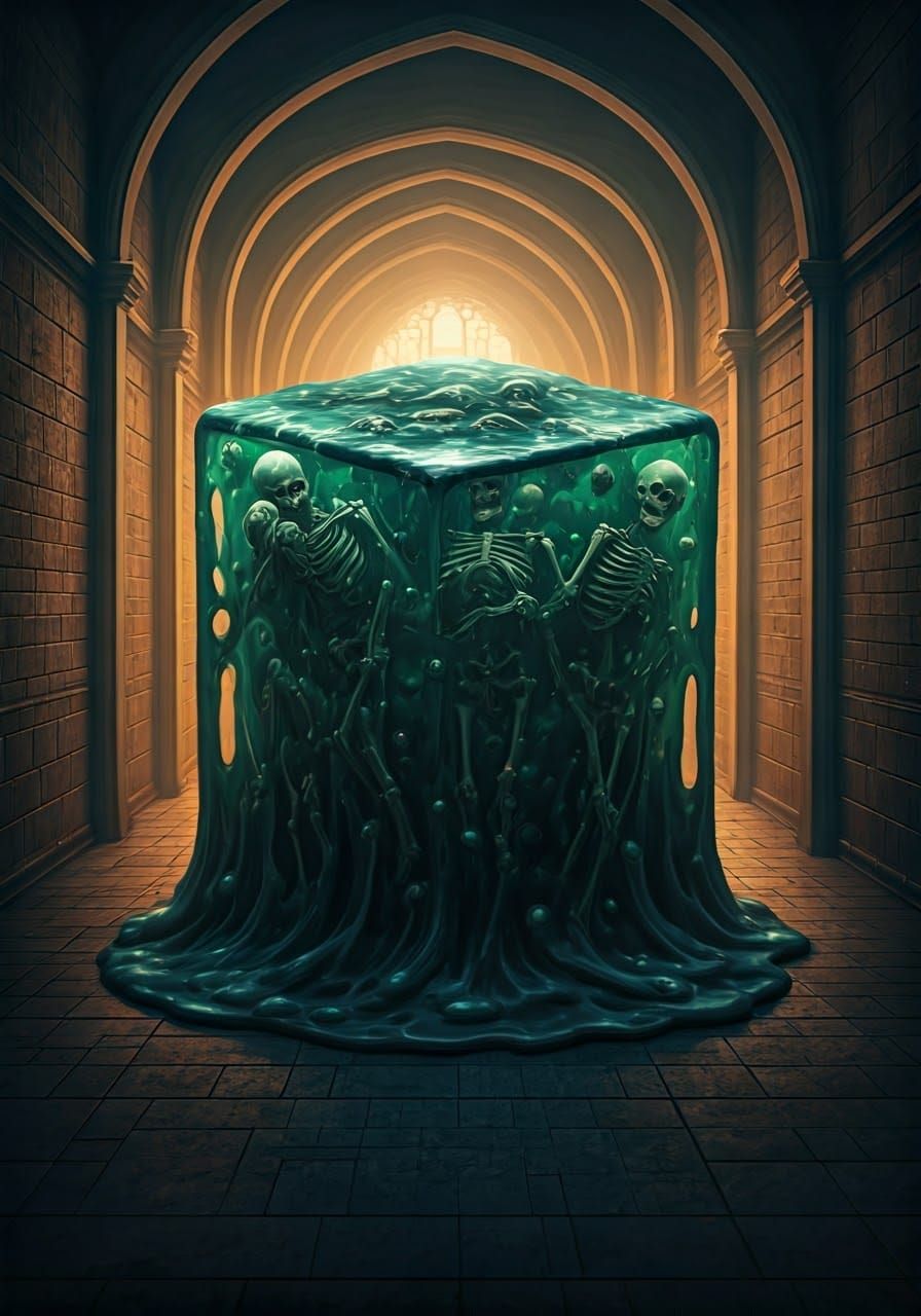 Gelatinous Cube Monster in Dungeon Hallway