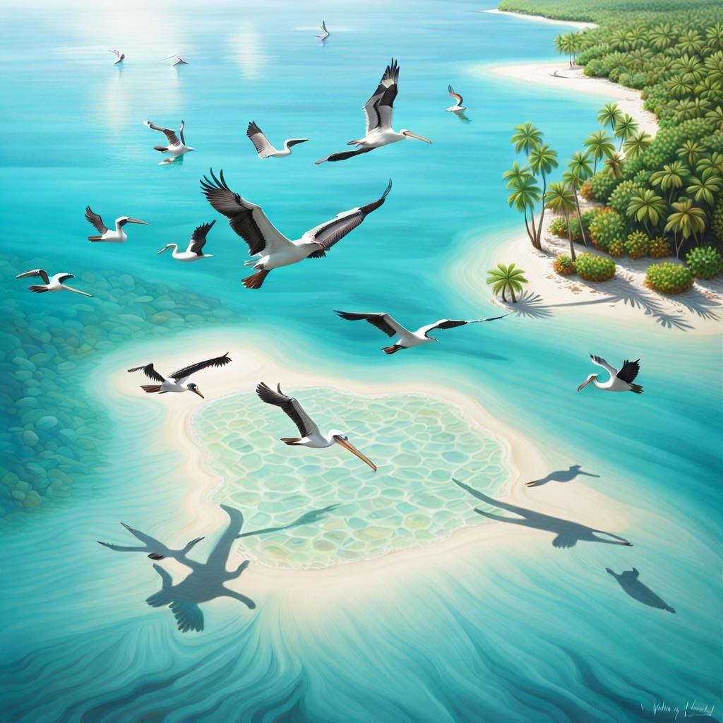 Tropical Sandbar with Pelicans in Turquoise Water