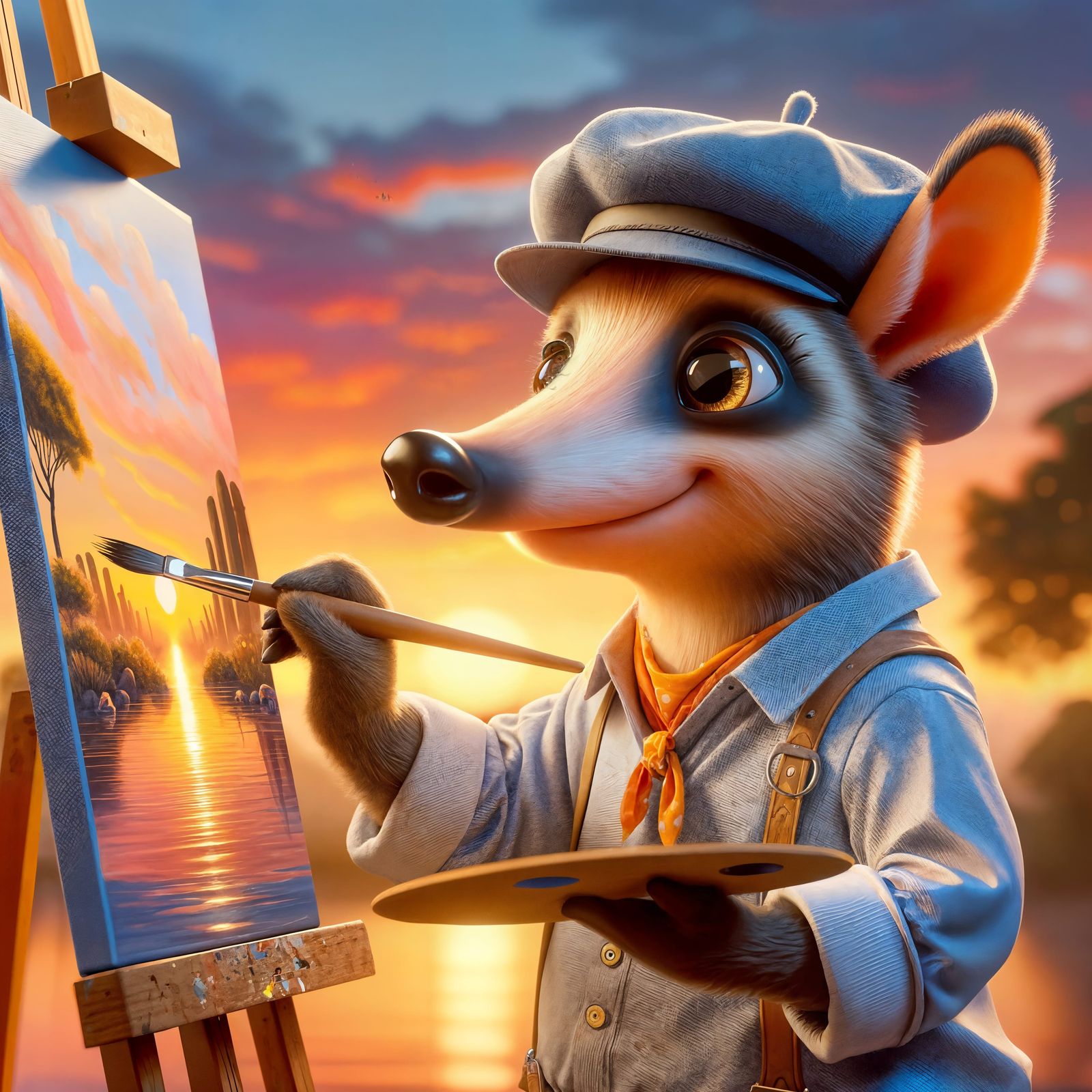 Charming 3D-Rendered Aardvark Artist Paints Sunset Oasis