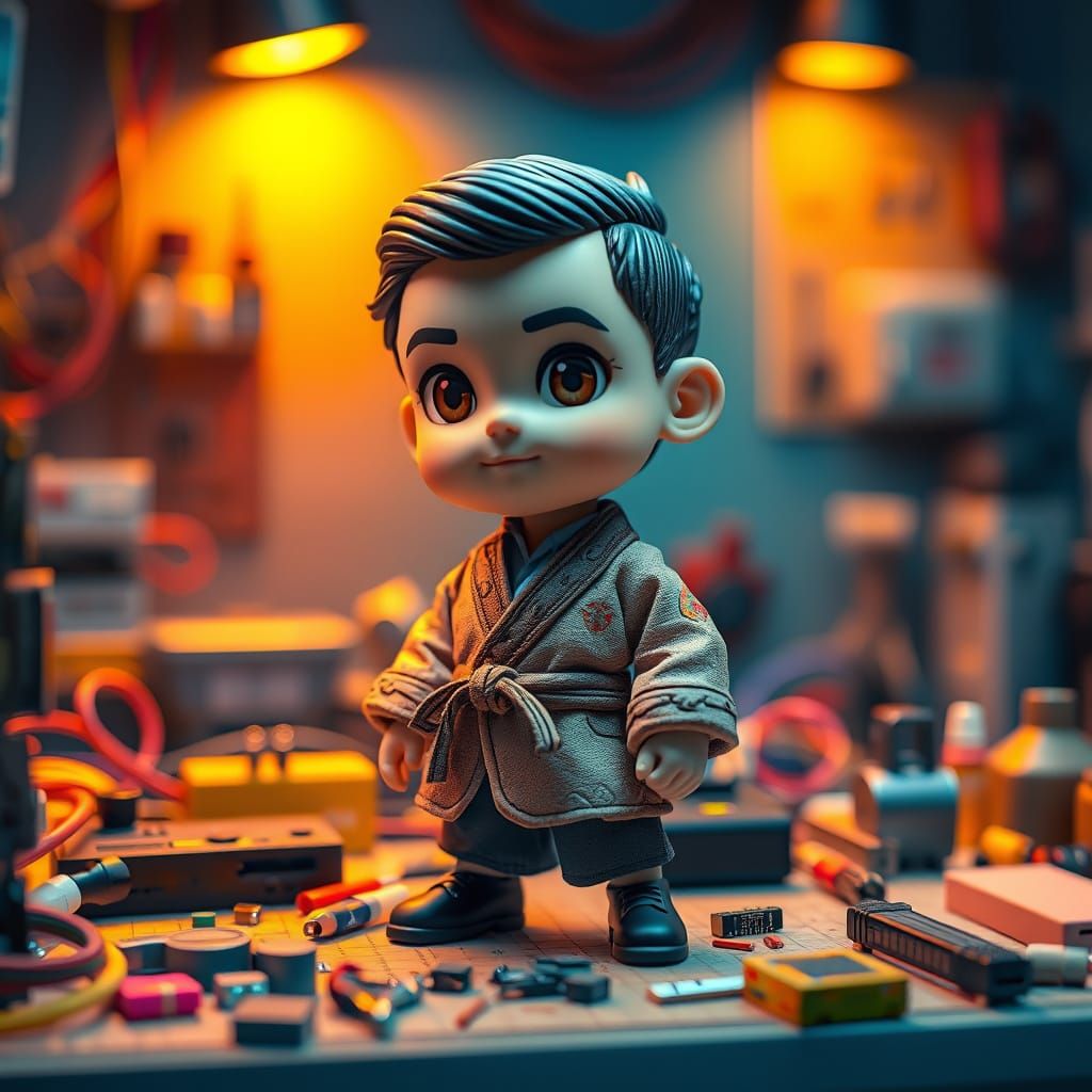 Hyper-Realistic Chibi Boy in Karate Coat, Set Against a Vibr...