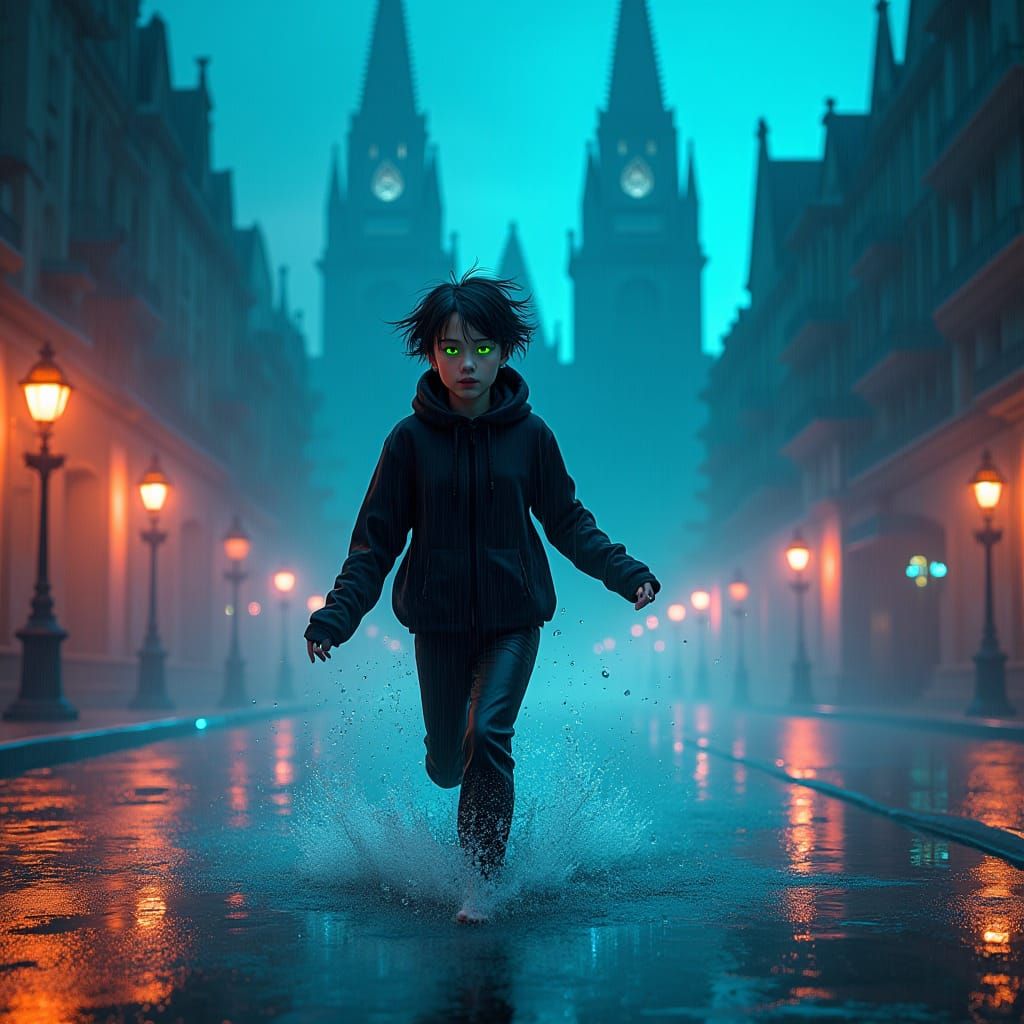 Neon Runner in Gothic Cityscape at Dusk