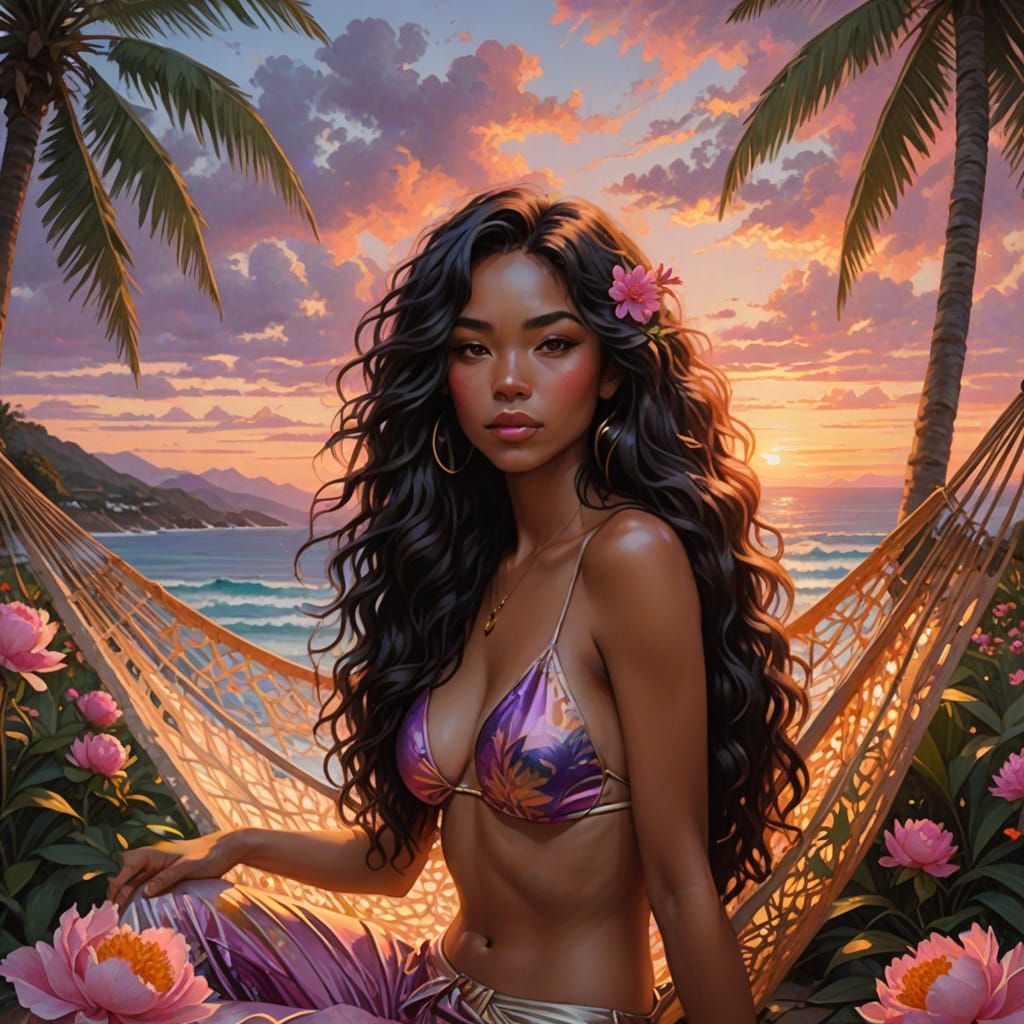 Serene Tropical Goddess in Sunset Glow