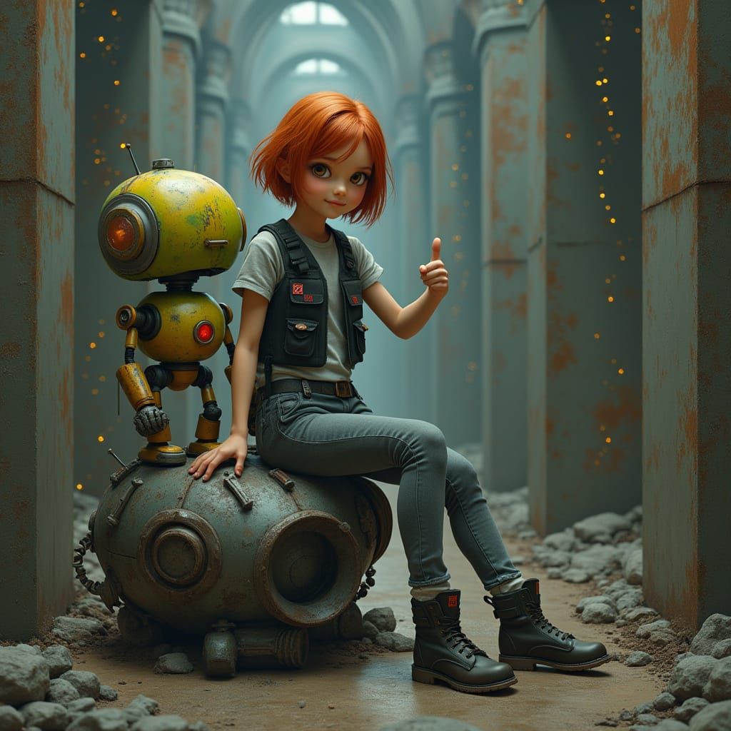 Girl with Robot in Hyper-Realistic Style