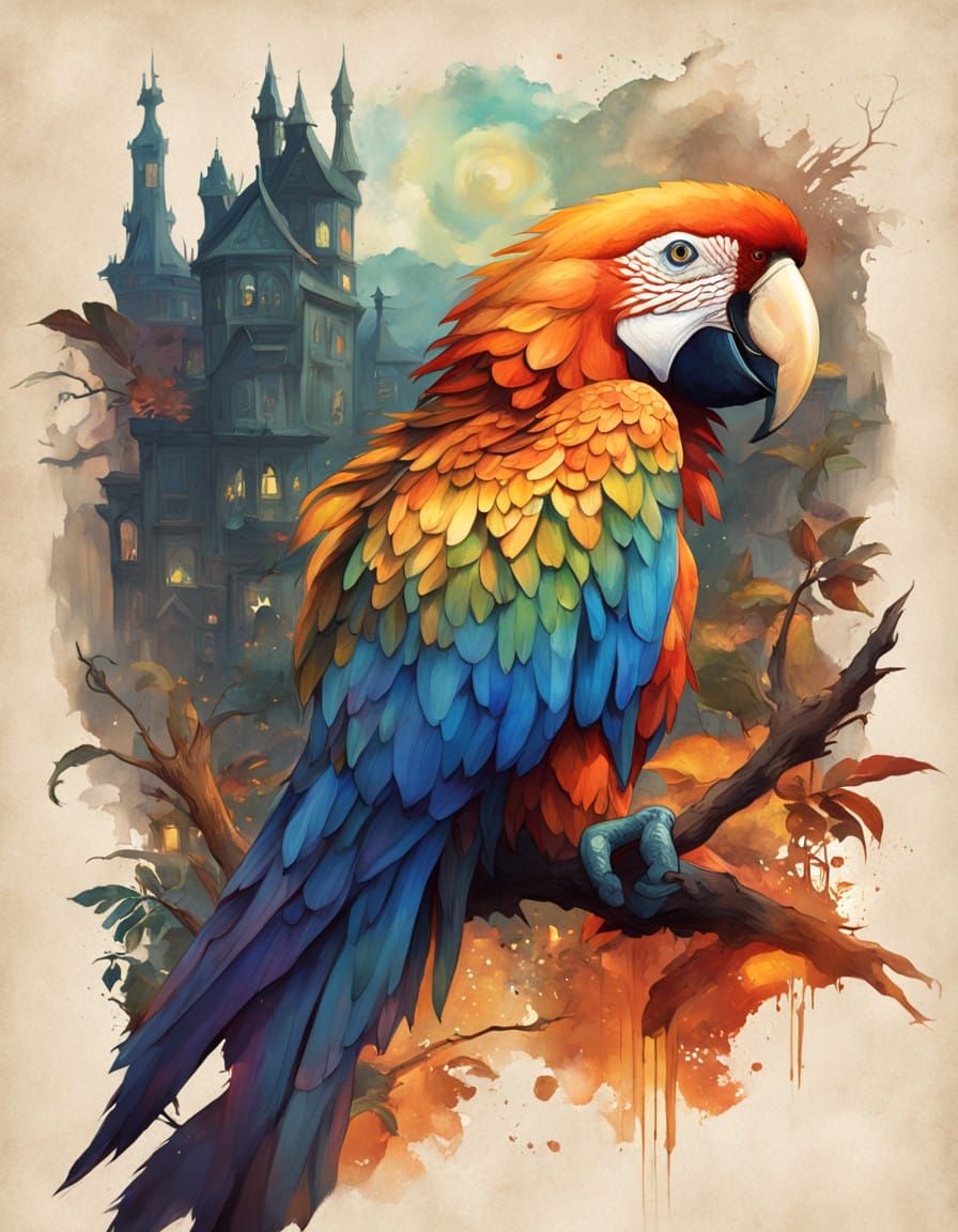 Vibrant Macaw in Ethereal Rainforest Sunset
