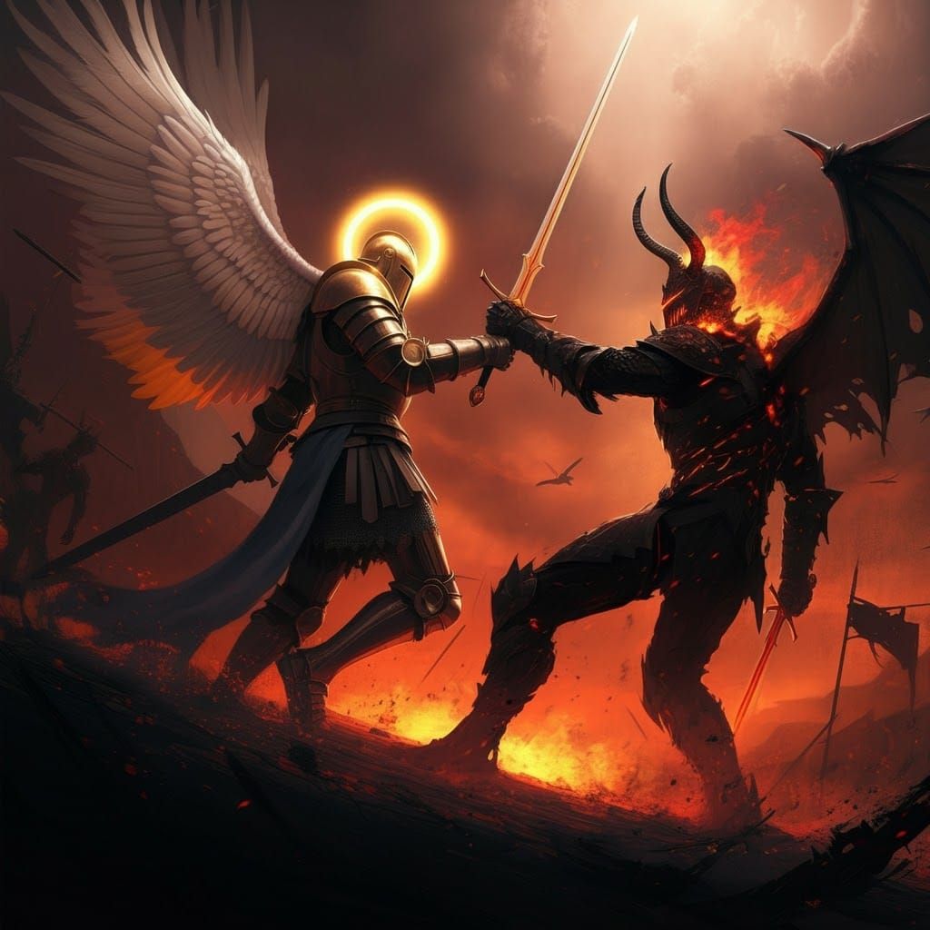 Angelic Knight Battles Demonic Knight in Apocalyptic Scene