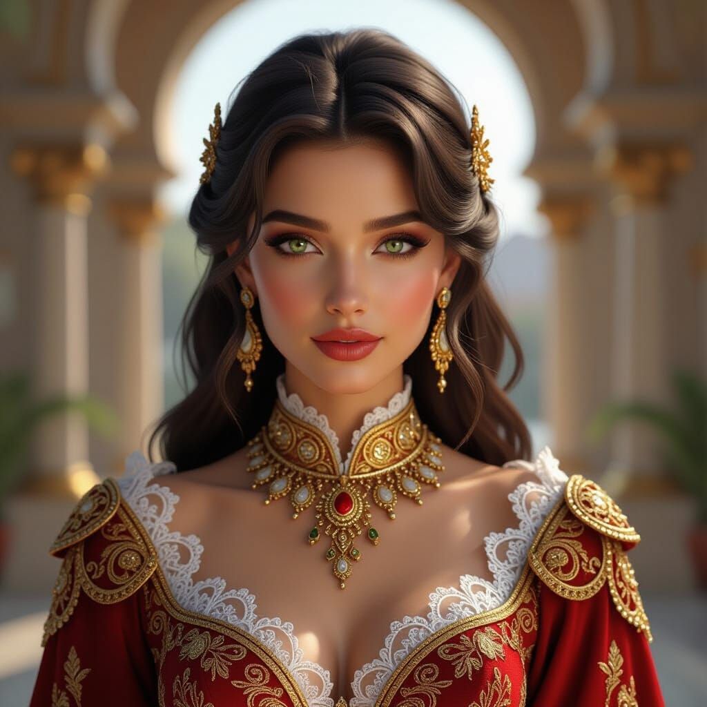 Elegant Brunette in Red Avant-Garde Gown