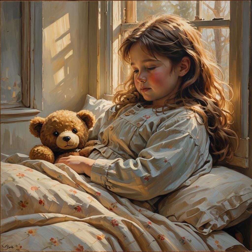 Teddy Bear Watches Over Sleeping Girl in Oil Painting