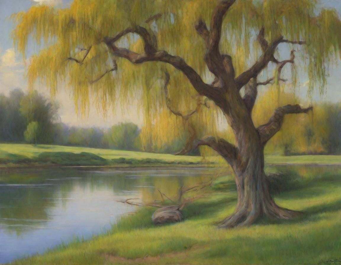 Pastel Landscape with Willow Tree and Figure