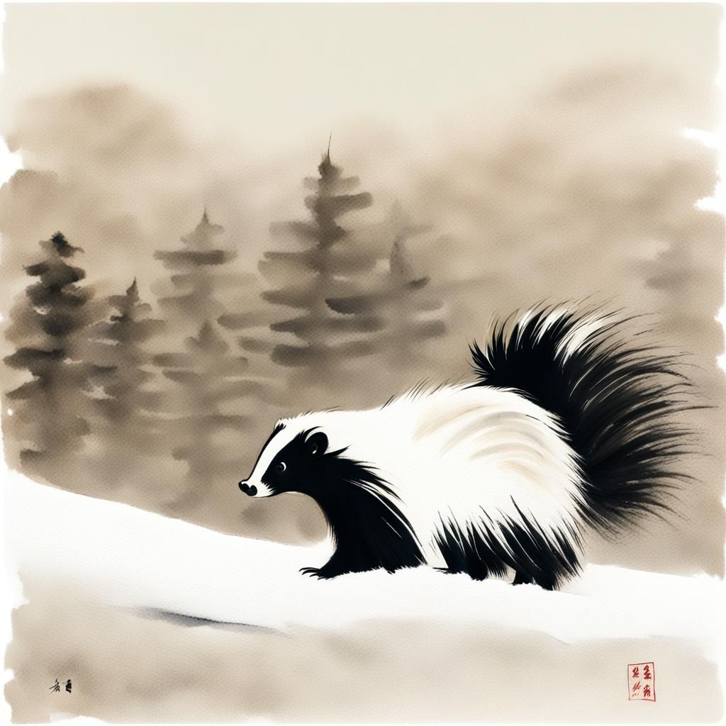 Skunk Runs Through Snow: Sumi-e Ink Painting