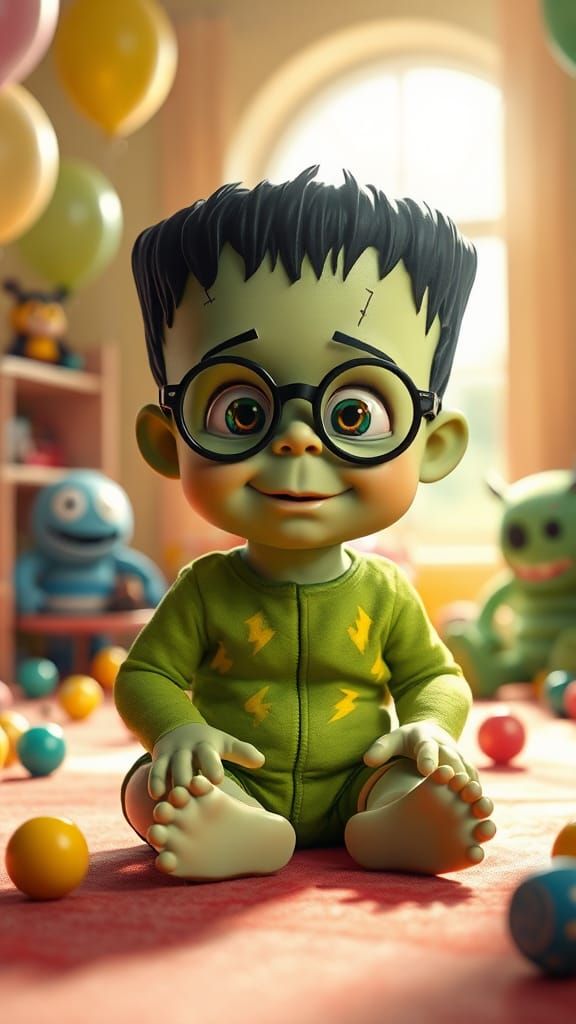 Adorable Baby Frankenstein in Playroom, 3D Digital Art