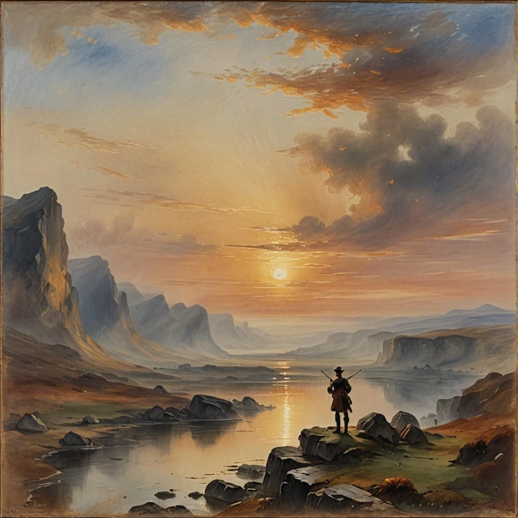 Romantic Sunset Landscape with Piper, Oil Painting