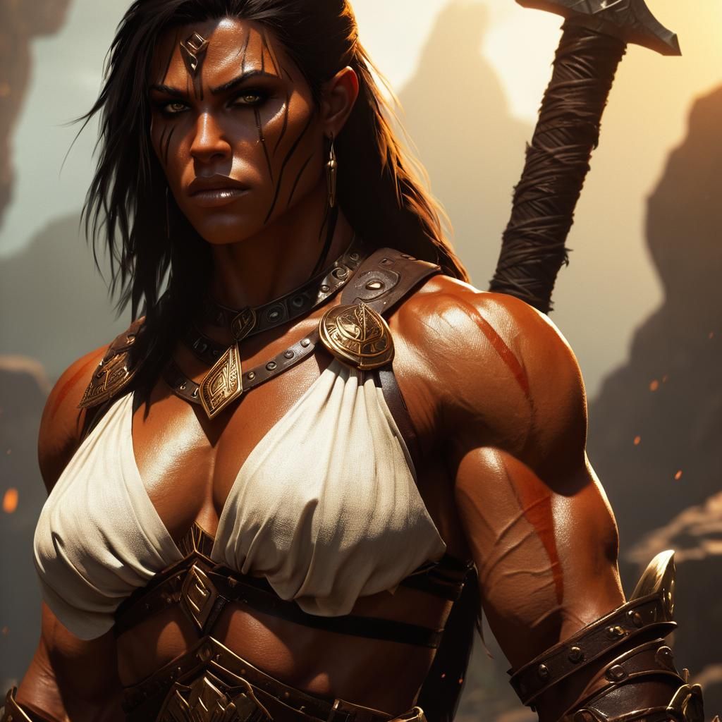 Muscular Barbarian Woman in Dark Fantasy Style
