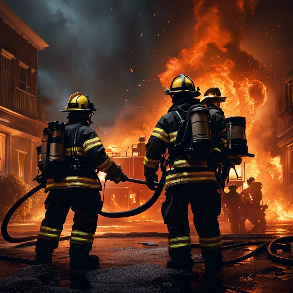 Firefighters Battle Flames in Dark Fantasy Style